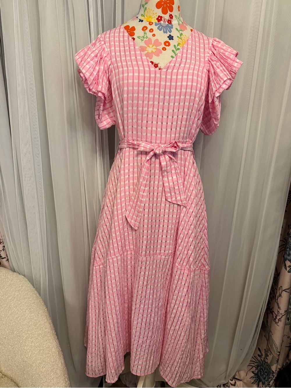 Pink V-Neck Ruffle Sleeve Midi Dress with Tie Waist